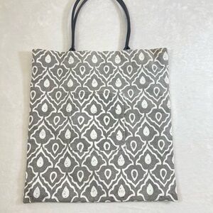 Grey & White Damask Print with Paris-Themed Liner, Sewing Tote Bag with Pockets